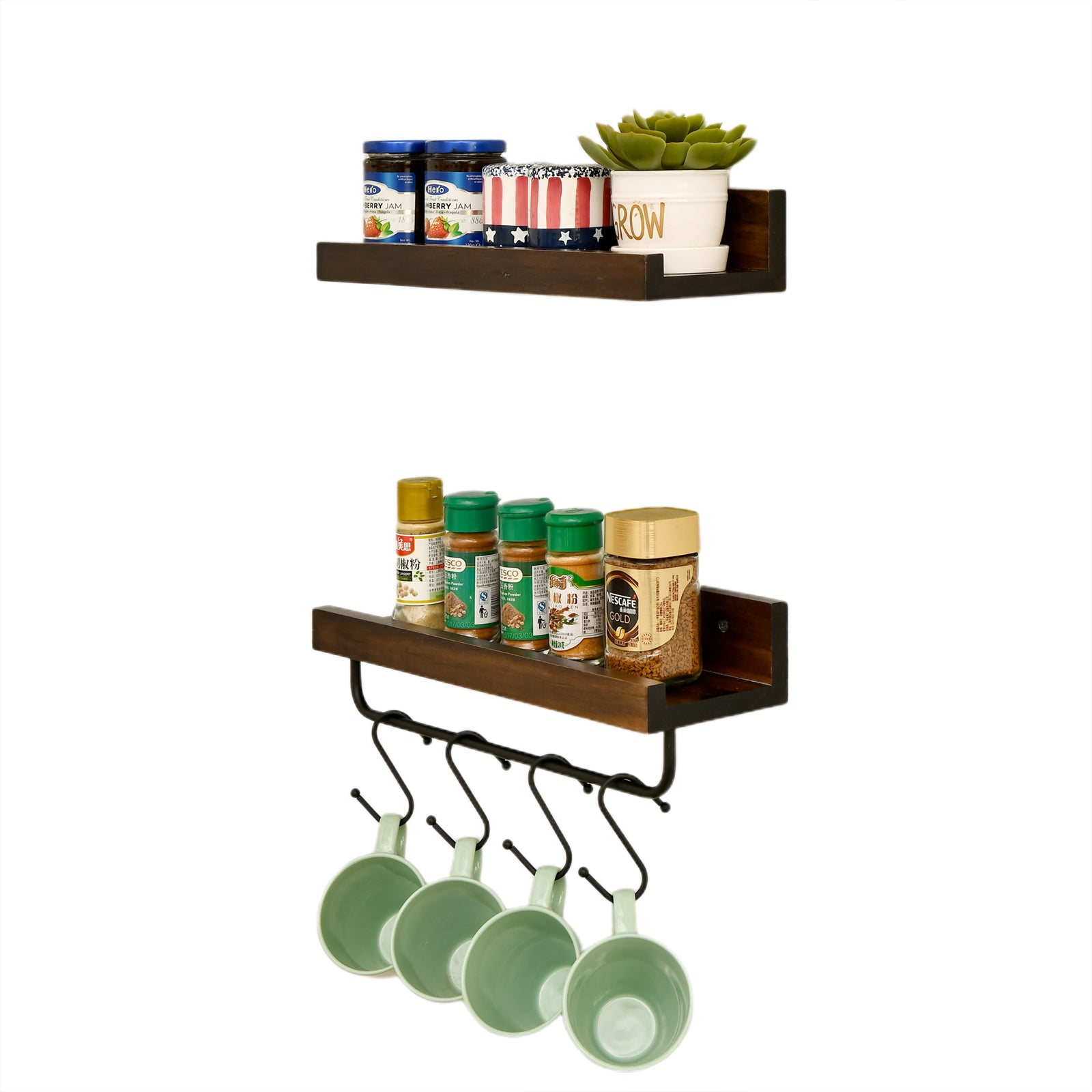 Hoanvi Floating Shelves with Towel Bar for Bathroom Décor Organizer, Wall  Mount Shelves with 8 Hooks for Kitchen Spice Rack Storage, Wooden Wall